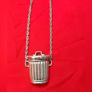 Trash Can Pendant necklace, garbage can lid opens, 24” chain